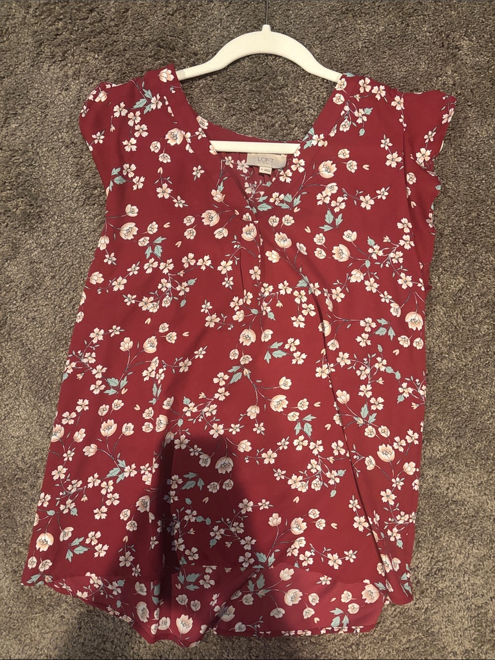 LOFT Burgundy Floral Short-Sleeve V-Neck Blouse